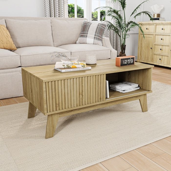Table basse 95x41x48cm - Table basse avec porte coulissante à lattes et compartiment ouvert - Style Naturel - Marron