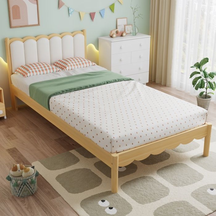 SEYAKANY - Lit capitonné 90×200 cm lit simple pour enfant avec tête de lit sommier à lattes en bois matelas non inclus beige