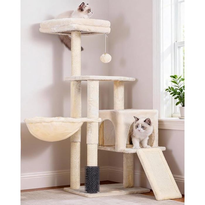 Arbre à Chat Brosse de Nettoyage Automatique Arbre à Chat Domestique Robuste avec Peluche Polie Chaise Longue Beige