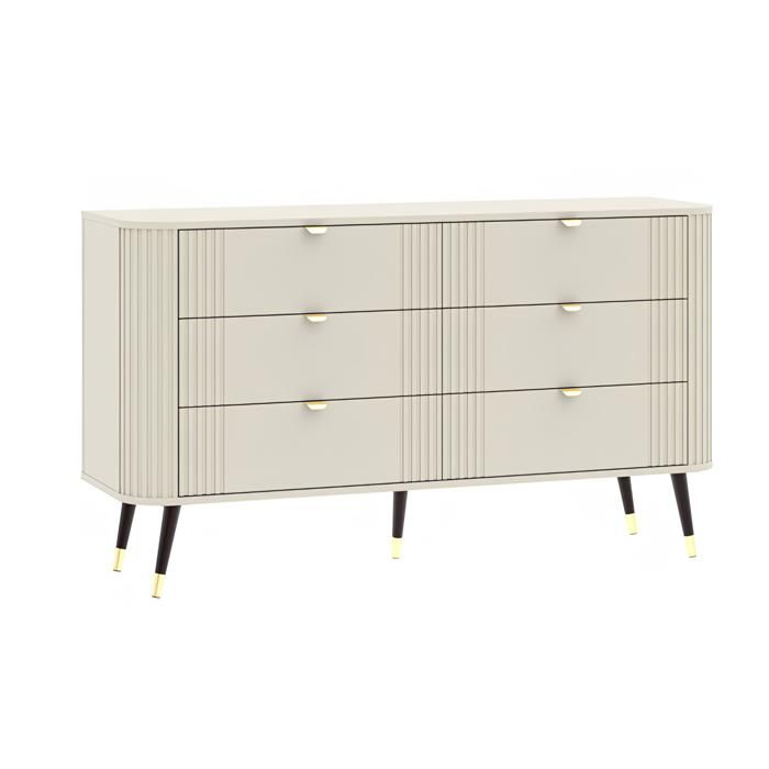 Commode - 3XE LIVING - 6 tiroirs - Cachemire - Façade cannelée - Pieds métal noir et or