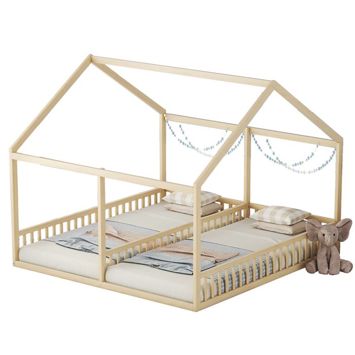 lit cabane double SENVIRO 2 en 1 enfant 90 x 200 cm 204 x 187 x 168 cm pin et MDF 2 couchages naturel
