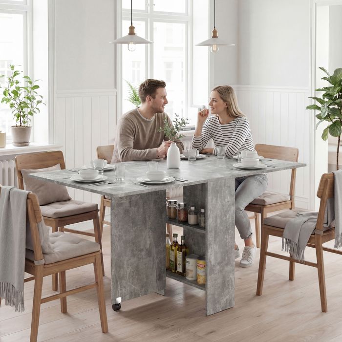 TABLE REPAS - MINIMAL - 75x140 cm - Extensible 4–6 pers - Roulettes à frein - Étagères intégrées TABLE REPAS - MINIMAL - 75x140 cm - Extensible 4–6 pers - Roulettes à frein - Étagères intégrées