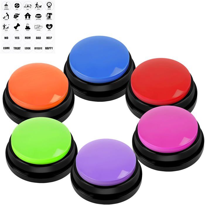 Boutons communication animaux – Lot 7 enregistreurs 30 s – 4 couleurs – Sonore pile AAA – Jouet chien et chat