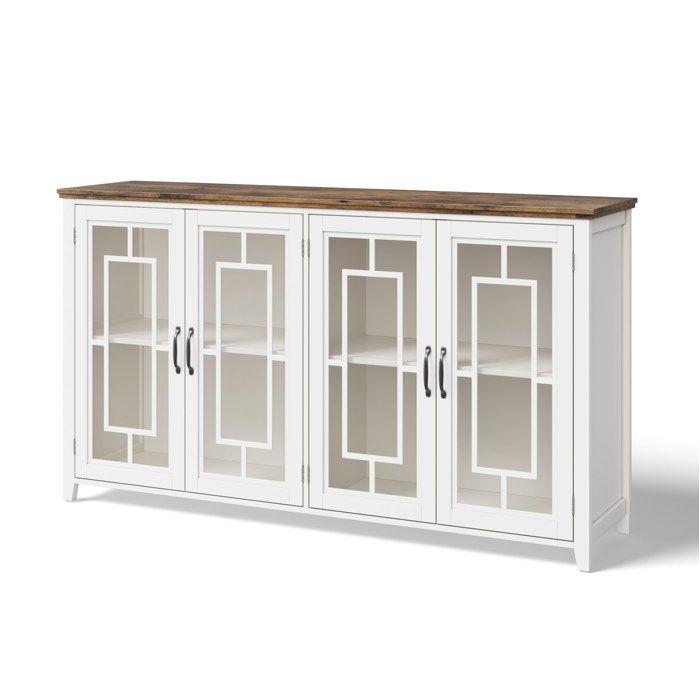 WOVREO Buffet de cuisine 160 x 40 x 86 cm 4 portes vitrees plateau aspect bois blanc
