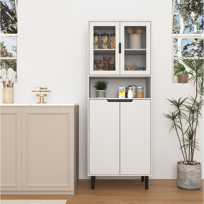 Bibliothèque Vitrine avec 4 Portes 1 Niche Ouverte et Étagère Réglable Verre Trempé en MDF Laqué Blanc 60×35×160 cm