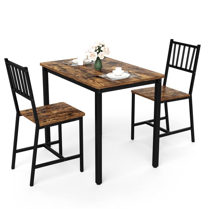 Ensemble table à manger 3 pièces 90 x 60 cm avec 2 chaises style industriel marron rustique et noir