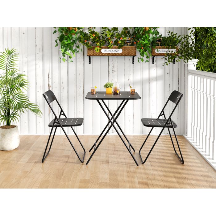 Salon De Jardin 3 Pieces Acier Noir Ensemble Bistro Pliant FloraGrace Pour Balcon Terrasse Pliable Gain De Place 60x60x73cm