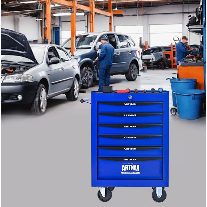 Servante D Atelier 6 Tiroirs Acier Noir Bleu Caisson A Outils Mobile FloraGrace Pour Garage Verrouillable 52 5x33x77 5cm