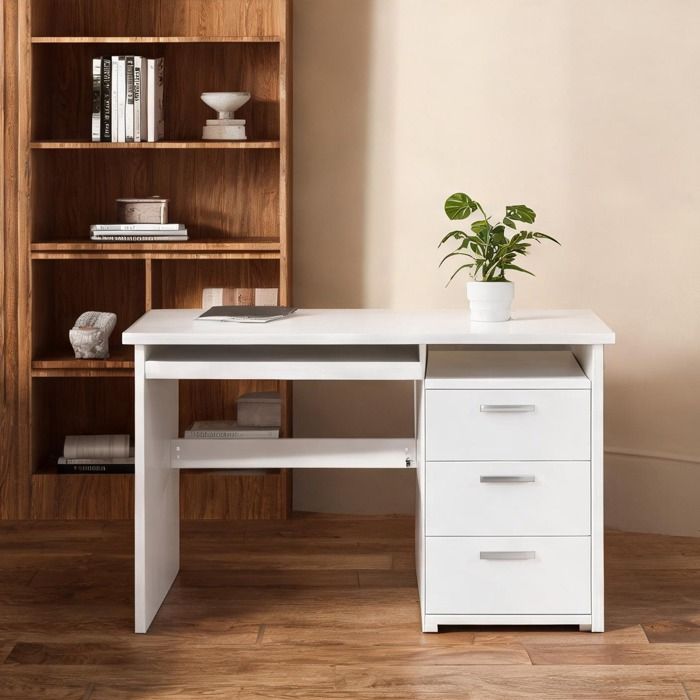 Bureau dordinateur 3 tiroirs étagère style moderne panneau de particules blanc 100x40x75 cm