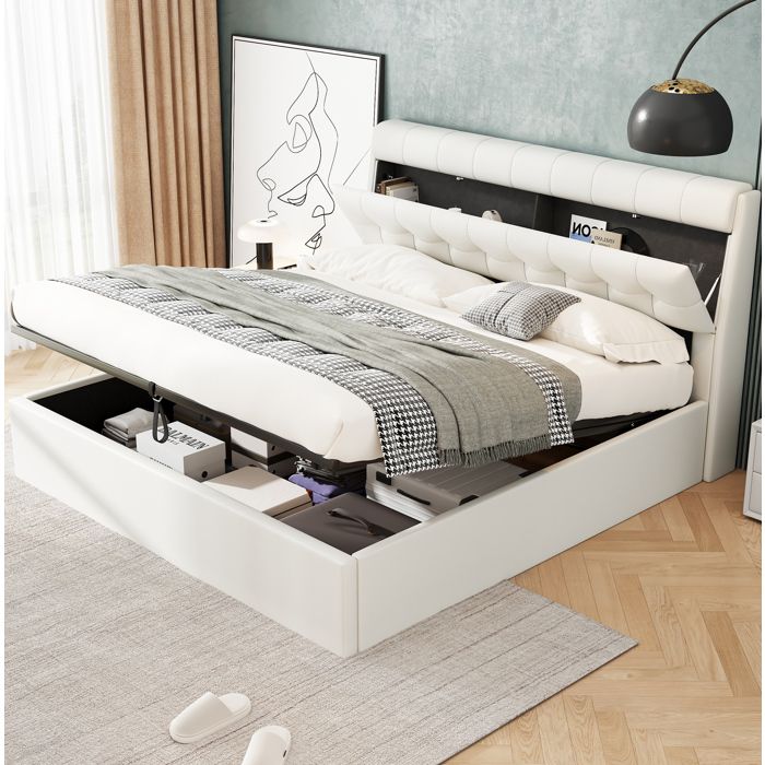 VEVXYN lit adulte coffre rangement hydraulique 160 x 200 cm PU blanc tête de lit avec rangement caché et sommier
