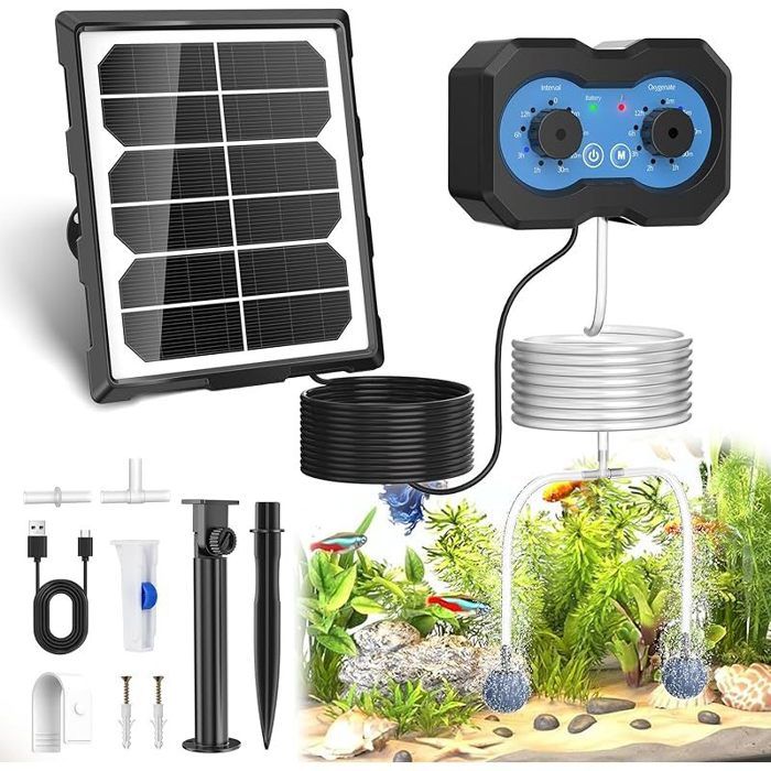 Aérateur de Bassin Solaire avec Batterie 2200mAh 146 Modes Réglables Pompe à oxygène Solaire pour Petit Etang Aquarium Bulleur