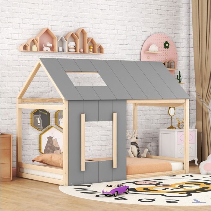 Lit cabane enfant 90 x 200 cm en pin et MDF toit et fenêtre structure ouverte naturel et gris