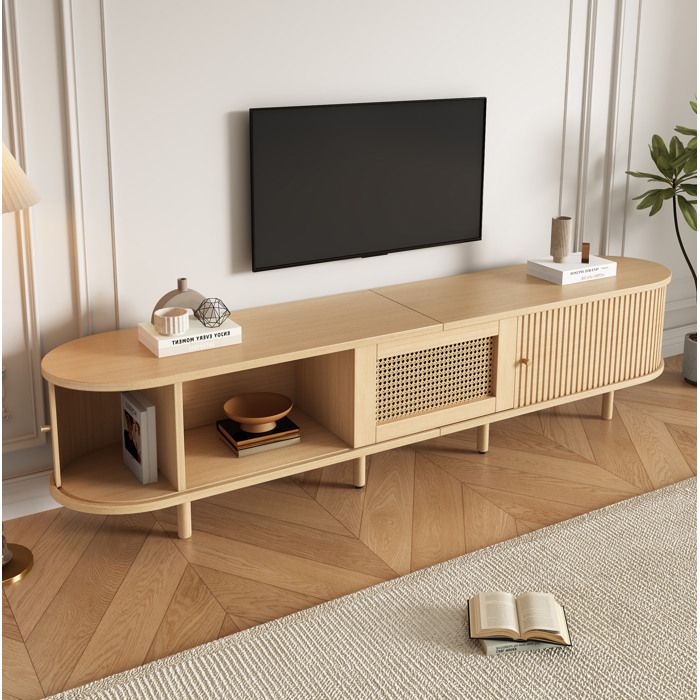 ULEVR Meuble TV bas 180 x 40 x 40 cm en MDF bois clair 1 tiroir 2 portes coulissantes effet rotin