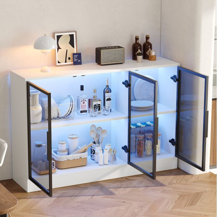 Vitrine en verre LED 120 x 30 x 73 cm blanc et verre gris fume 3 portes cadre en aluminium