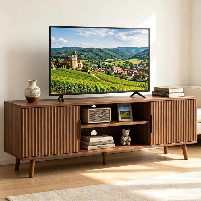 Meuble TV 138 cm pour Téléviseur jusquà 60 Pouces noyer  Meuble Télé 2 Placards 2 Étagères Ouvertes Banc TV Moderne Salon