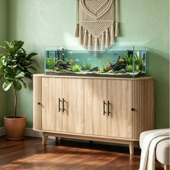 Buffet bas ovale 6 portes et 2 étagères réglables effet bois MDF et acier pour salon ou salle à manger - UVRION