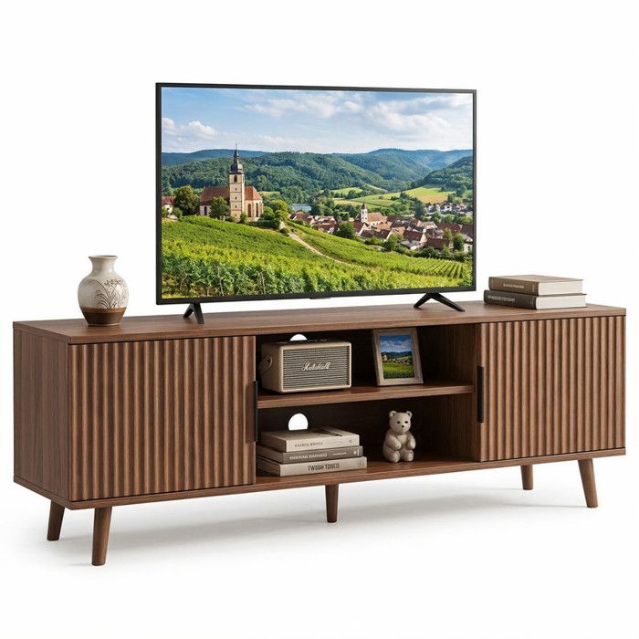 Meuble TV canneléNoyer 138x39cm2 portes rainurees Banc TV Moderne5 pieds en boisavec étagères ouvertespour chambre Salon