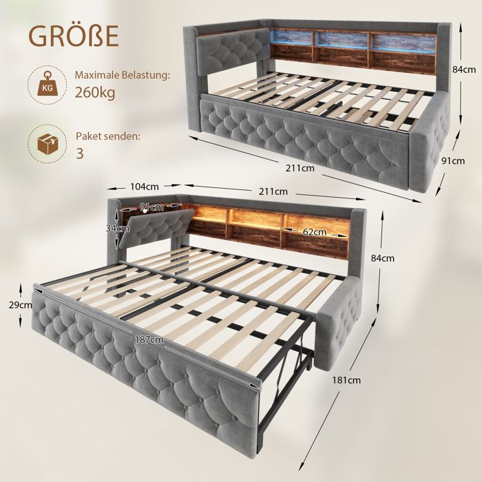 Canapé-lit extensible - 90x190 cm - Velours gris foncé - Canapé 3-en-1 - Accoudoir avec rangement