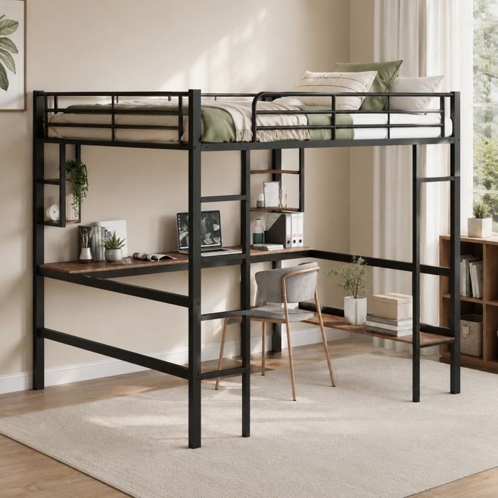 Lit mezzanine adulte 140x200 cm Lit enfant en métal avec bureau étagères de rangement échelle et sommiers à lattes - Noir