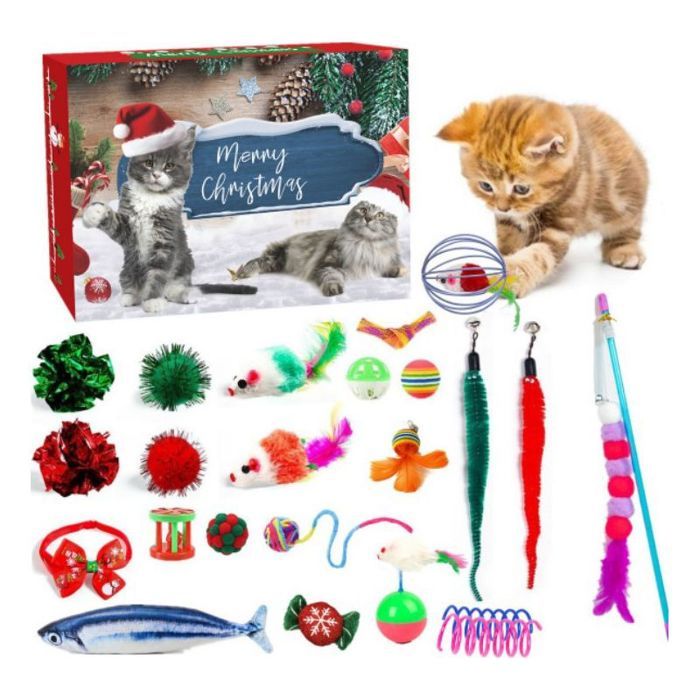 Calendrier de lAvent pour chat Kit de jouets interactifs pour chat Fausse boule de cloche de souris en forme de poisson cadeau