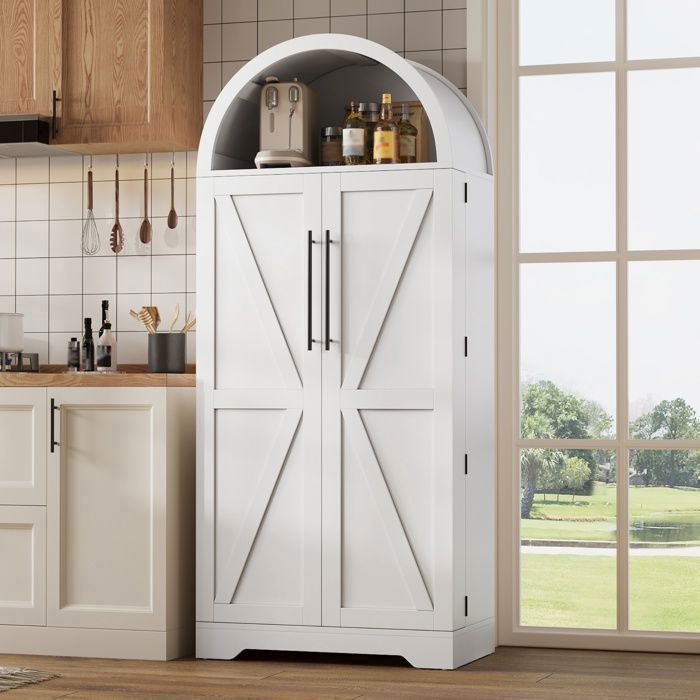 Buffet Cuisine Haute Blanc - 70 x 40 x 165 cm - en Arche - avec 3 Étagères - 5 Rangements de Porte - Vaisselier - Style Rustique Buffet Cuisine Haute Blanc - 70 x 40 x 165 cm - en Arche - avec 3 Étagères - 5 Rangements de Porte - Vaisselier - Style Rustique