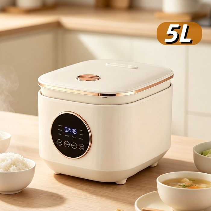 Cuiseur à riz 5L - 900W - Multifonction - 9 programmes de cuisson - Cuve Amovible Antiadhésive - Maintien au chaud - Blanc