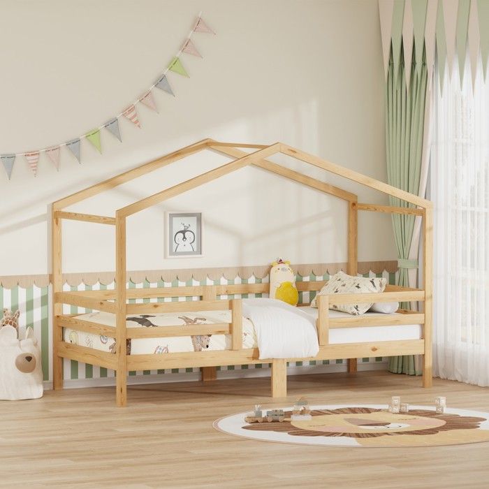 Lit cabane enfant en pin naturel - BLACKCOLOR - 90x200 cm - Sommier inclus - Anti-chute - Design toit - À monter soi-même