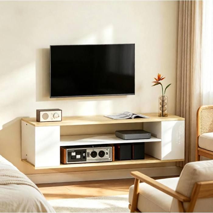 ROVRYN Meuble TV lowboard à roulettes 120 cm naturel et blanc panneaux de particules 55 pouces