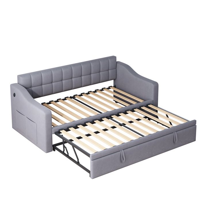 Lit banquette extensible 90/180x190 cm en velours gris ports USB aux accoudoirs sommier à lattes couchage dappoint