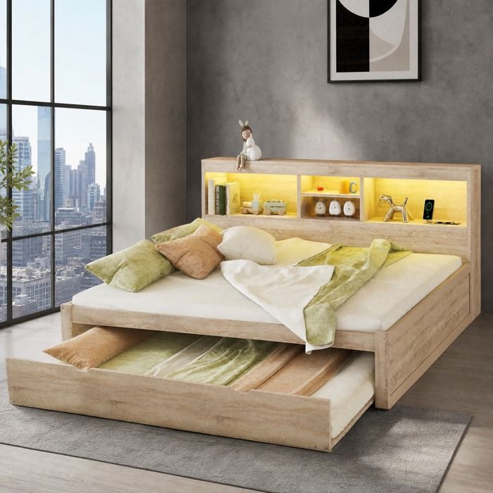 Lit pliant multifonctionnel 140x200 cm avec rangement caché et éclairage LED - tête de lit lumineuse sommier à lattes sans matelas