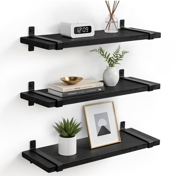 Étagère murale lot de 3 - bois de paulownia 40 cm noire support métallique en U charge 13 6 kg étagère amovible