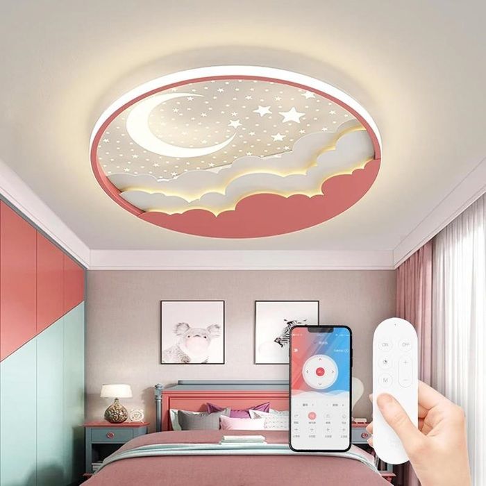 Plafonnier LED enfant étoile et lune rose dimmable avec télécommande chambre garçon fille 3000-6000K