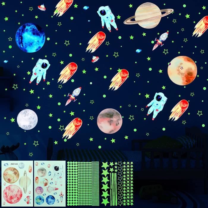 Lot de 849 Autocollants Lumineux stickers muraux phosphorescents Système Solaire Planètes Astronaute Fluorescent Stickers Muraux pour Décoration de Chambres à Coucher de Bébé Enfant et Nurserie 