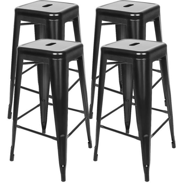 Lot de 4 Tabouret de bar - style industriel - YOULUOLI - Chaise haute empilable en fer forgé - Noir