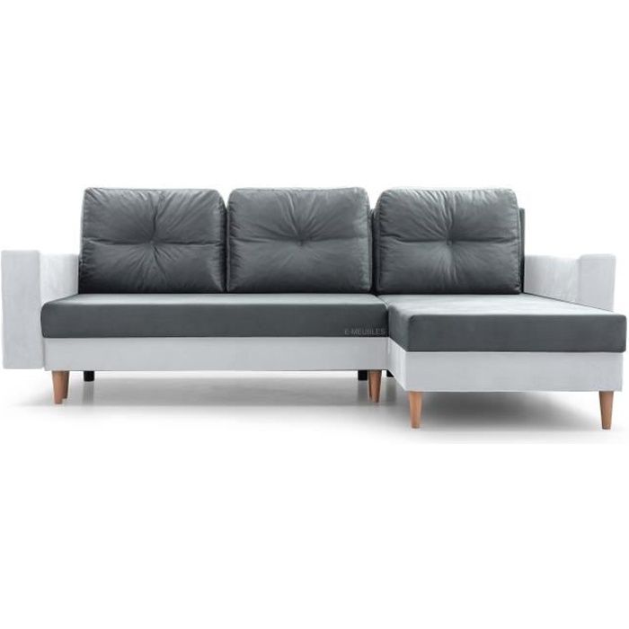 Petit canapé d'angle en lit Convertible et réversible avec Coffre 3 Places en Tissu et simili cuir 232x137x84 cm CARL Gris + blanc