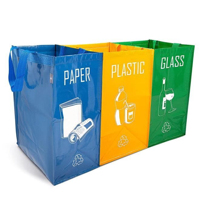 papier et plastique LIVIVO Lot de 3 grands sacs de recyclage réutilisables avec poignées et attaches sécurisées pour séparer vos déchets ménagers et recycler les sacs pour verre