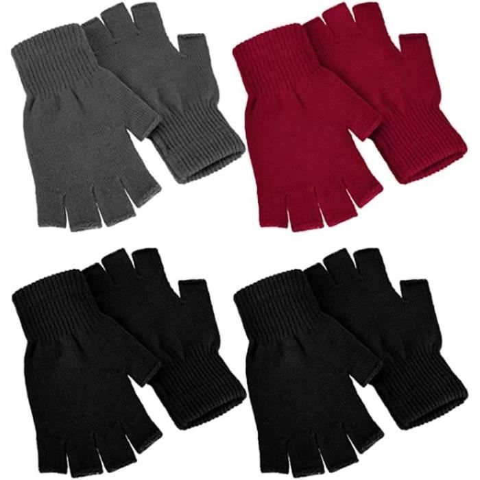 4 paires hiver half doigts mittens, tricot sans doigt les mitaines chaudes extensibles pour hommes (1x rouge, 2x noir, 1x gris)