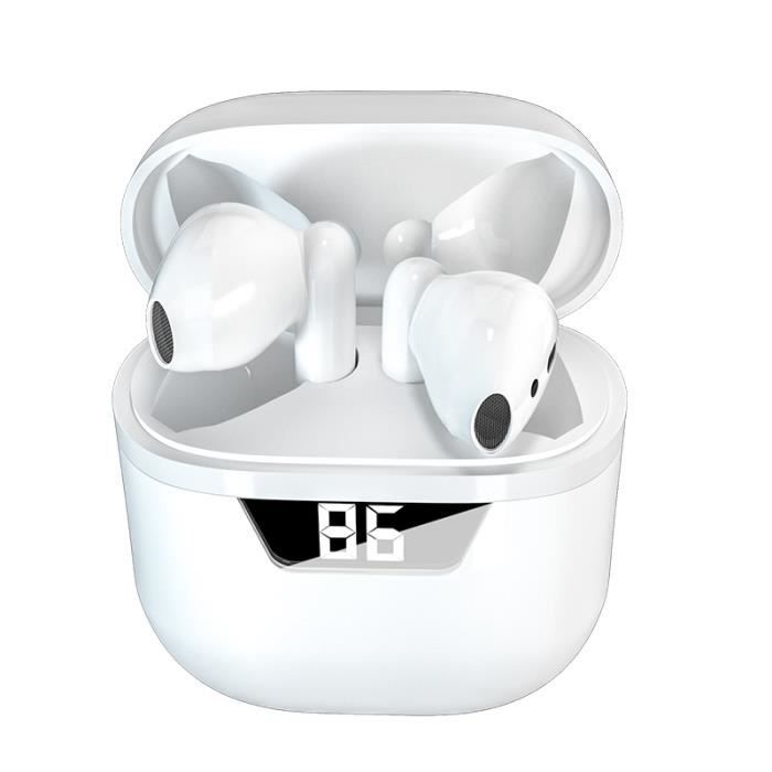Écouteurs Bluetooth sans Fil Stéréo Oreillette Bluetooth Écran LCD Contrôle Tactile Microphones Intégrés USB-C Charge Rapide-Blanc