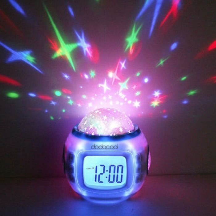 Projecteur Radio Réveil étoile LED LCD Alarm Musique Thermomètre Pr Cateau Noël Ciel étoilé LED reveil pour les enfants
