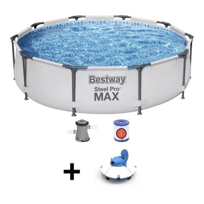 Kit Piscine hors sol tubulaire BESTWAY Steel Pro Max™ - 305 x 76 cm - Ronde + Robot aspirateur Guppy