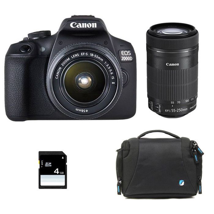 CANON EOS 2000D + EF-S 18-55 mm f/3.5-5.6 IS II + EF-S 55-250 f/4-5.6 IS GARANTI 3 ans + Sac + Carte SD 4Go