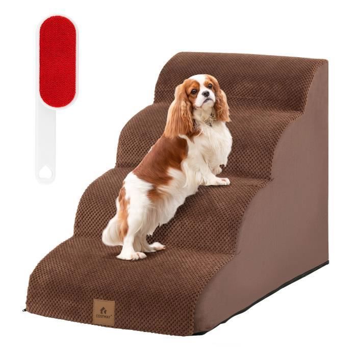COSTWAY Escalier pour Animaux 4 Marches en Mousse Haute Densité - Rampe pour Chien/Chat - Fond Antidérapant Housse Amovible - Café