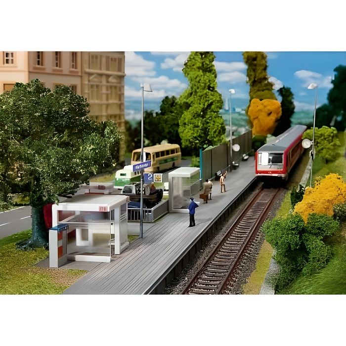 Modélisme ferroviaire HO - FALLER - Petite station d'attente avec accessoires - Arrêts modernes aspect verre