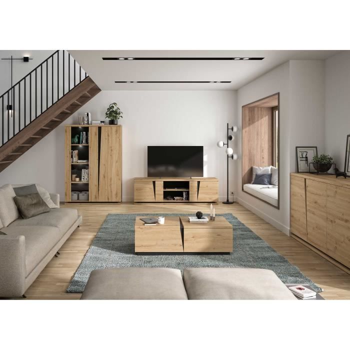 la collection split comprend des meubles de séjour modernes avec un décor chaleureux en chêne artisan. les fentes visibles dans les