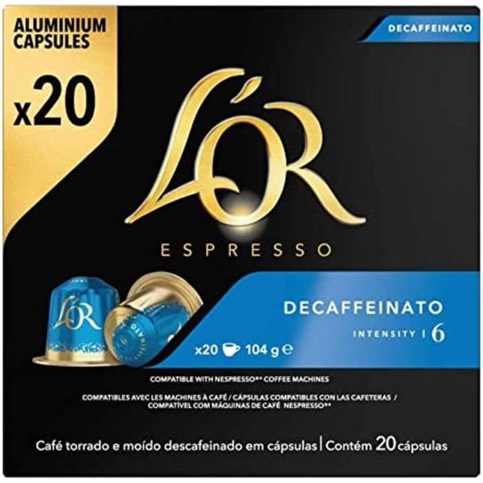 LOT DE 5 - L'OR - Espresso décaféiné Decaffeinato Intensité 6 - paquet de 20 Capsules Café Compatible Nespresso