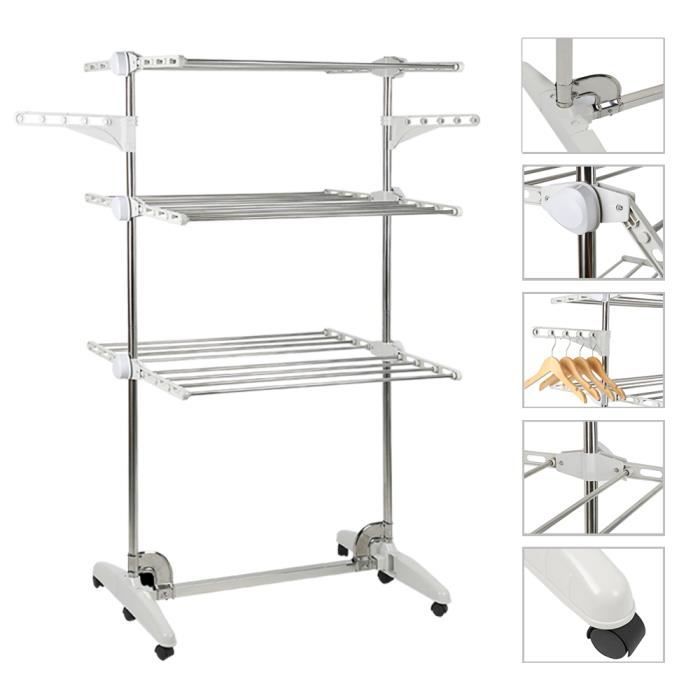 Étendoir Linge Intérieur Pliable 3 Niveaux Sur Roues - Charge 35kg, 75x64x170cm Gris Blanc