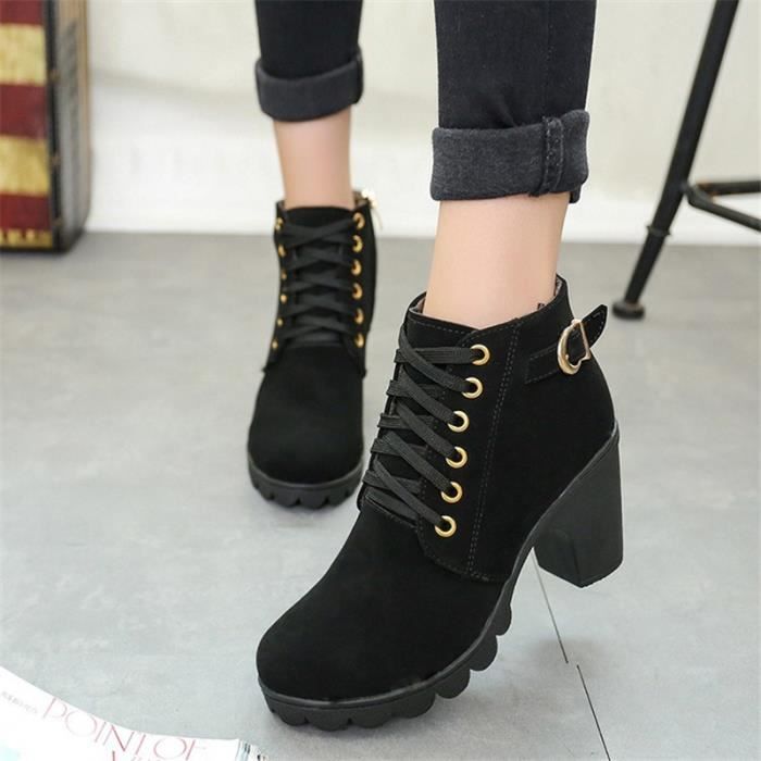 Bottes Femme GJ Pure Color Bottes talon plat talo Noir