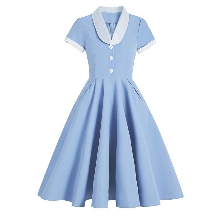 ADOSSAC Robe De Cocktail Femme Vintage Rockabilly Années 50's 60's Audrey Hepburn - Plissée Au Genou, Manches Longues, Col Rond Rétro Classique