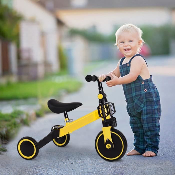 OHMG 2 en 1 Tricycle Enfant Bébé Evolutif De 18 Mois à 4 ans Vélo Draisienne Jaune