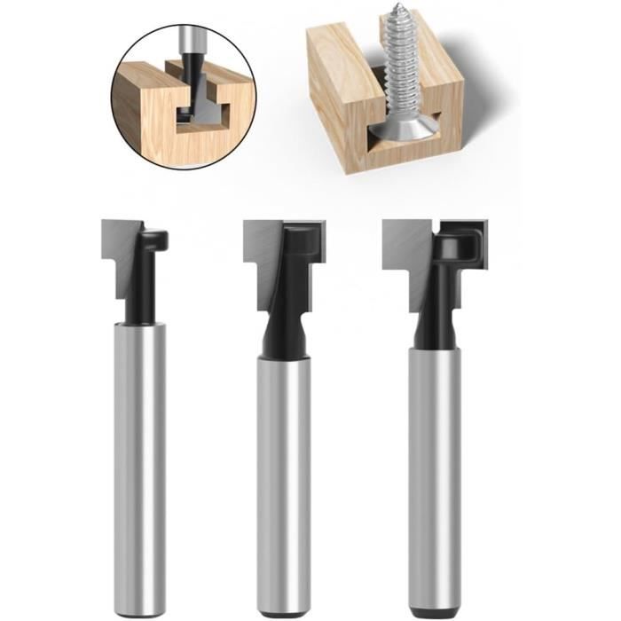 Set De 3 Fraises à Rainurer En T 8 Mm - Pour Défonceuse, Coupe Bois, Queue 1/2", En Carbure Cémenté